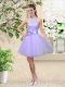 Delicate Lilac A-line Tulle Halter Top Sleeveless Lace and Belt Knee Length Lace Up Wedding Guest Dresses