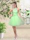 Dramatic Halter Top Sleeveless Bridesmaid Gown Knee Length Lace and Belt Tulle