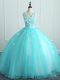 Beauteous Aqua Blue Organza Lace Up V-neck Sleeveless Floor Length Sweet 16 Dress Appliques