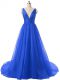 Royal Blue Sleeveless Brush Train Ruching Prom Party Dress