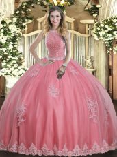 Floor Length Lace Up Quinceanera Dress Baby Pink for Military Ball and Sweet 16 and Quinceanera with Beading and Appliques