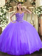 Organza and Tulle Sweetheart Sleeveless Lace Up Embroidery Quince Ball Gowns in Lavender
