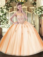 Designer Peach Sleeveless Floor Length Beading and Appliques Zipper Quinceanera Dress