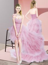 Sweetheart Sleeveless Party Dresses High Low Beading Baby Pink Tulle