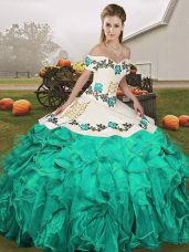 Exquisite Turquoise Organza Lace Up Quinceanera Gowns Sleeveless Floor Length Embroidery and Ruffles