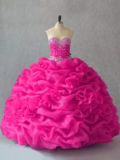 Sleeveless Floor Length Beading and Pick Ups and Hand Made Flower Lace Up Sweet 16 Dress with Fuchsia