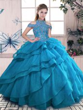 Blue High-neck Neckline Beading and Ruffled Layers Quinceanera Dress Sleeveless Lace Up