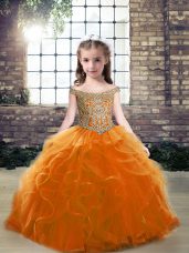 Custom Designed Floor Length Lace Up Child Pageant Dress Orange for Party and Military Ball and Wedding Party with Beading