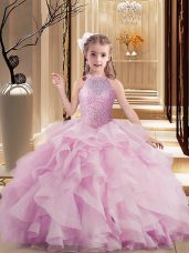 Lilac Tulle Lace Up High-neck Sleeveless Floor Length Little Girls Pageant Dress Beading and Ruffles