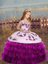 Organza Straps Sleeveless Lace Up Embroidery and Ruffled Layers and Bowknot Kids Formal Wear in Fuchsia