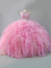 Dazzling Pink Two Pieces Organza Scoop Sleeveless Beading and Ruffles Floor Length Lace Up Quinceanera Dress