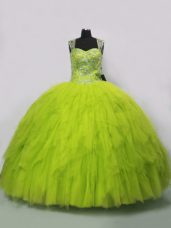 Charming Tulle Sleeveless Floor Length 15th Birthday Dress and Beading and Ruffles