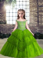 Green Off The Shoulder Lace Up Beading Little Girl Pageant Dress Sleeveless