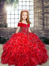 Red Organza Lace Up Winning Pageant Gowns Sleeveless Floor Length Beading and Ruffles