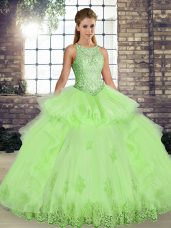 Exceptional Yellow Green Ball Gowns Lace and Embroidery and Ruffles Sweet 16 Dress Lace Up Tulle Sleeveless Floor Length