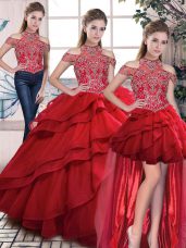 Beautiful Red Quinceanera Dresses Organza Sleeveless Beading and Ruffles