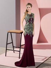 Custom Designed Burgundy Prom Evening Gown Scoop Sleeveless Sweep Train Zipper