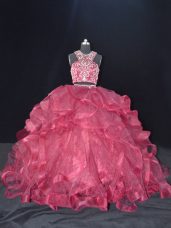 Scoop Sleeveless Quinceanera Dresses Brush Train Beading and Ruffles Burgundy Organza