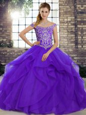 Stylish Purple Ball Gowns Beading and Ruffles Sweet 16 Dresses Lace Up Tulle Sleeveless