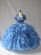 Charming Blue Organza Side Zipper Sweetheart Sleeveless Floor Length Quinceanera Dresses Beading and Ruffles