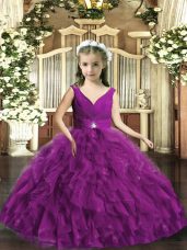 High End Eggplant Purple Little Girl Pageant Dress Party and Wedding Party with Beading and Ruffles V-neck Sleeveless Backless