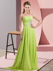 Spectacular Yellow Green Sweetheart Neckline Beading and Ruching Prom Evening Gown Long Sleeves Lace Up