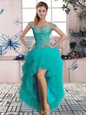 Eye-catching High Low Turquoise Juniors Evening Dress Tulle Sleeveless Beading and Ruffles