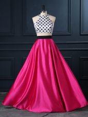 Best Selling Floor Length Hot Pink Prom Dresses Scoop Sleeveless Lace Up