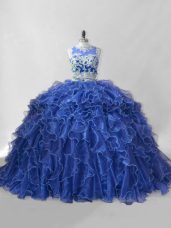 Customized Scoop Sleeveless Quince Ball Gowns Brush Train Beading and Ruffles Blue Organza