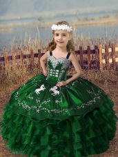 Green Sleeveless Floor Length Embroidery and Ruffled Layers Lace Up Girls Pageant Dresses