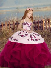 Dramatic Floor Length Lace Up Pageant Gowns Fuchsia for Party and Sweet 16 and Wedding Party with Embroidery and Ruffles