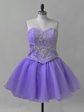 Lavender Organza Lace Up Sweetheart Sleeveless Mini Length Juniors Party Dress Beading