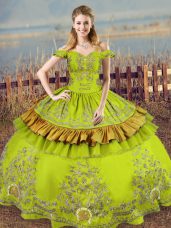 Fashion Ball Gowns Quinceanera Dresses Olive Green Off The Shoulder Satin Sleeveless Floor Length Lace Up