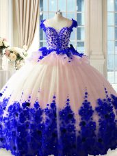 Scoop Sleeveless Quinceanera Gowns Brush Train Hand Made Flower Blue And White Satin and Organza