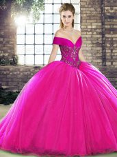 Beading Quinceanera Gown Fuchsia Lace Up Sleeveless Brush Train