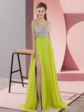 V-neck Sleeveless Dress for Prom Sweep Train Beading Yellow Green Chiffon