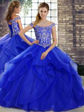 Customized Beading and Ruffles Quinceanera Dress Royal Blue Lace Up Sleeveless Brush Train