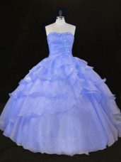 Blue and Lavender Organza Lace Up Sweetheart Sleeveless Floor Length Ball Gown Prom Dress Ruffles and Hand Made Flower