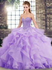 Lavender Sweetheart Neckline Beading and Ruffles Ball Gown Prom Dress Sleeveless Lace Up