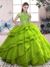 Flare Olive Green Ball Gowns Beading and Ruffled Layers Sweet 16 Dresses Lace Up Organza Sleeveless Floor Length