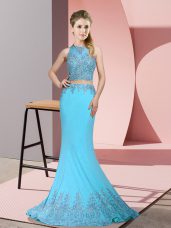 Colorful Zipper Evening Dress Aqua Blue for Prom and Party with Beading and Appliques Sweep Train