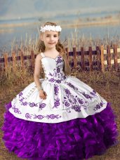 Lovely Purple Ball Gowns Straps Sleeveless Organza Floor Length Lace Up Embroidery and Ruffles Girls Pageant Dresses