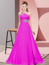 Gorgeous Fuchsia Sleeveless Beading and Ruching Floor Length Prom Gown