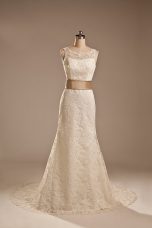 White Column/Sheath Scoop Sleeveless Lace Brush Train Backless Lace and Belt Wedding Dresses