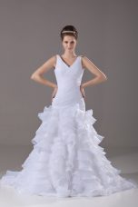 Trendy White Organza Lace Up V-neck Sleeveless Wedding Dresses Brush Train Ruffled Layers