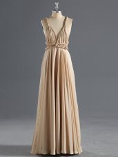 Traditional Floor Length Champagne Prom Evening Gown Straps Sleeveless Criss Cross