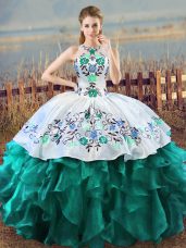 Classical Floor Length Lace Up Sweet 16 Dress Turquoise for Sweet 16 and Quinceanera with Embroidery and Ruffles