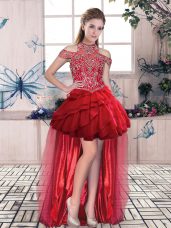 Fitting Red Halter Top Neckline Beading and Ruffled Layers Evening Party Dresses Sleeveless Lace Up