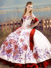 Satin Sleeveless Floor Length Quince Ball Gowns and Embroidery and Ruffles