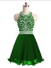 Green Lace Up Prom Gown Beading Sleeveless Mini Length